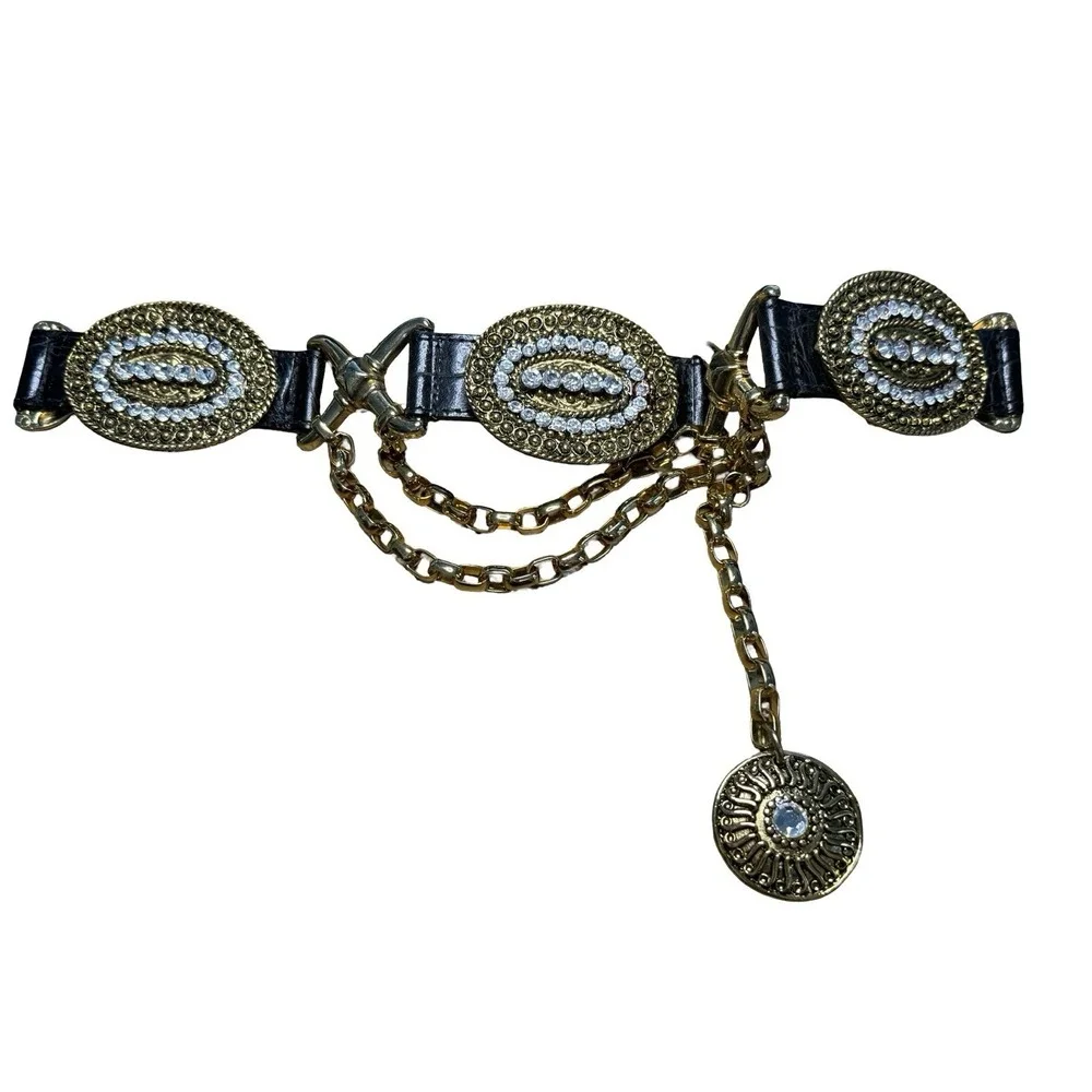 STREETS AHEAD 80S VTG WIDE LEATHER CRYSTAL GOLD CHAIN‎ MEDALLION BELT SML RUNWAY